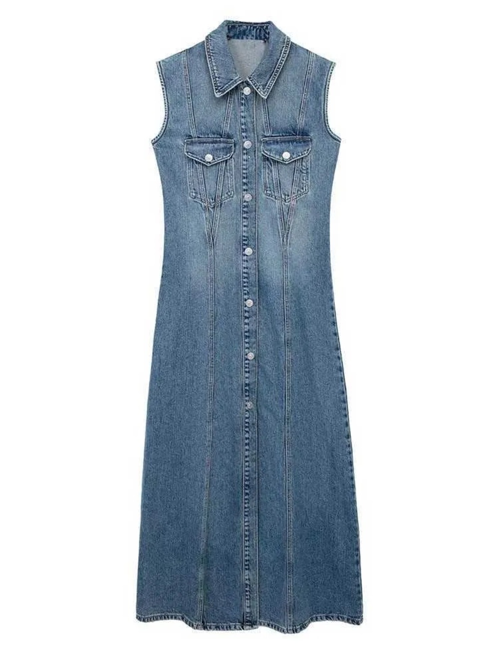 Sleeveless Blue Denim Button-Front Maxi Dress